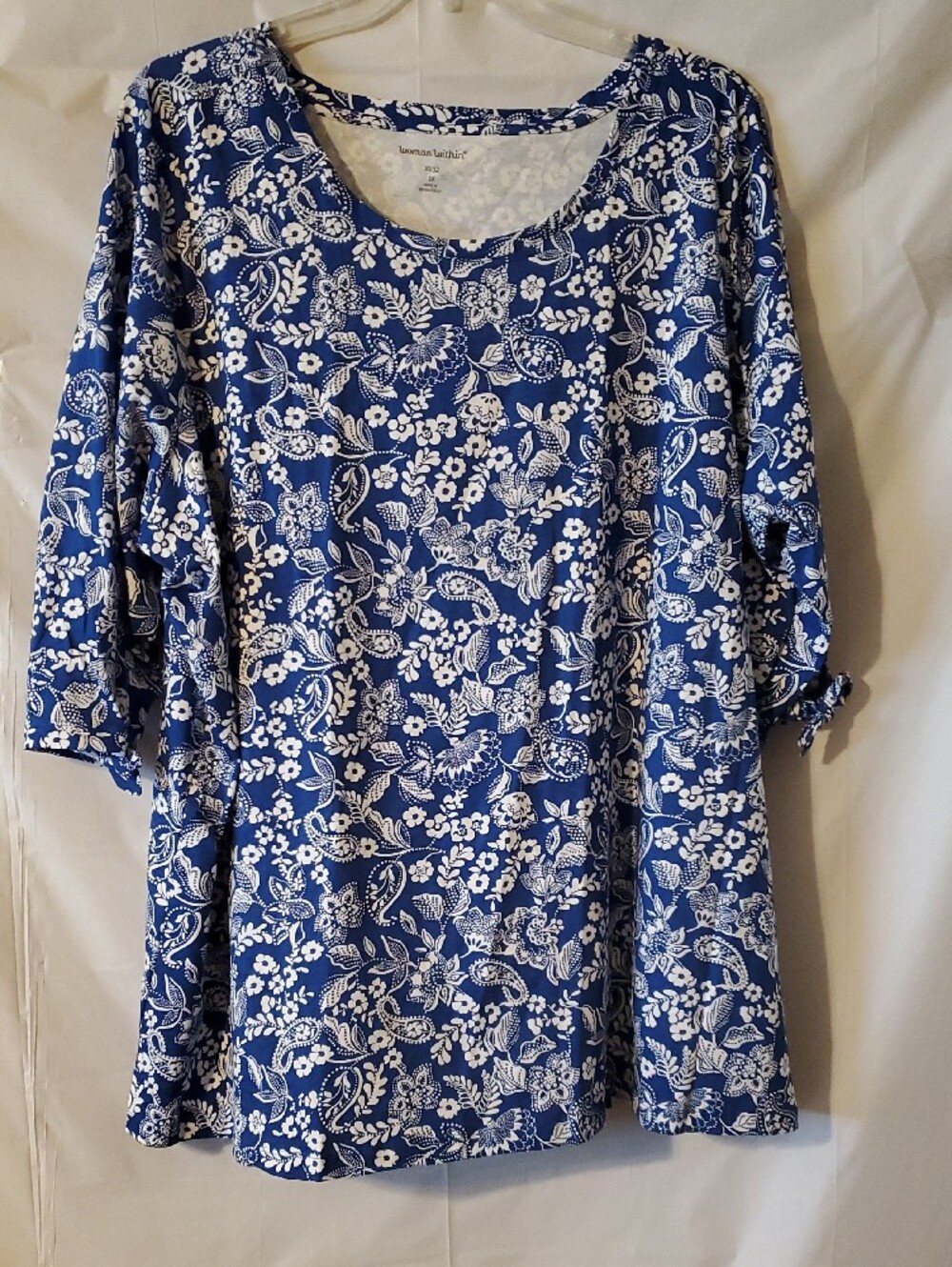 Woman Within 3X Top Blue & White Floral Scoop-Neck Long Sleeve with end ties NEW